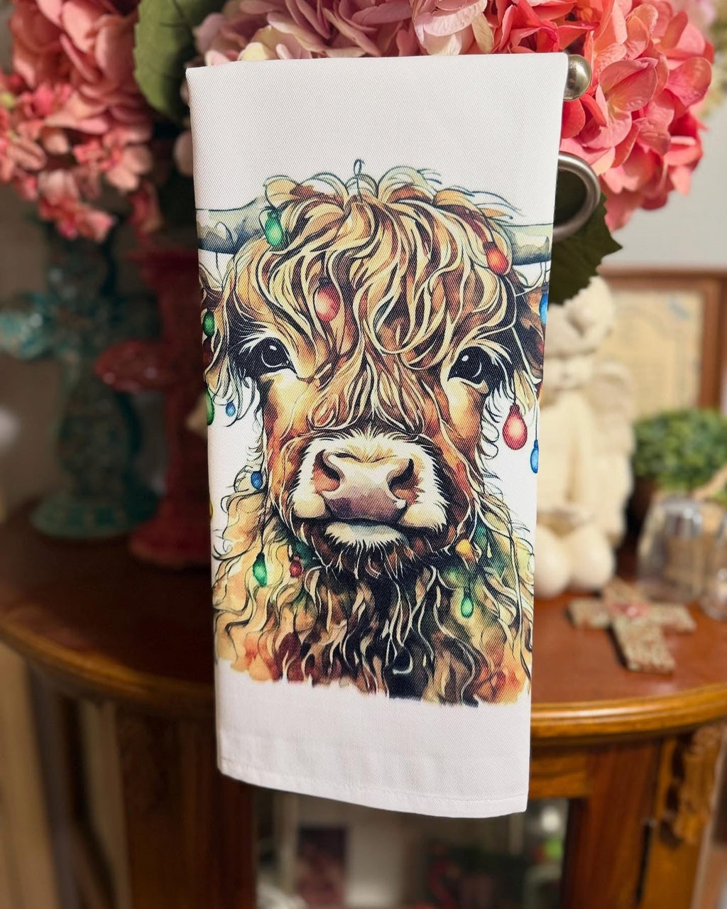 Christmas Tea Towel with Festive Cow and Lights